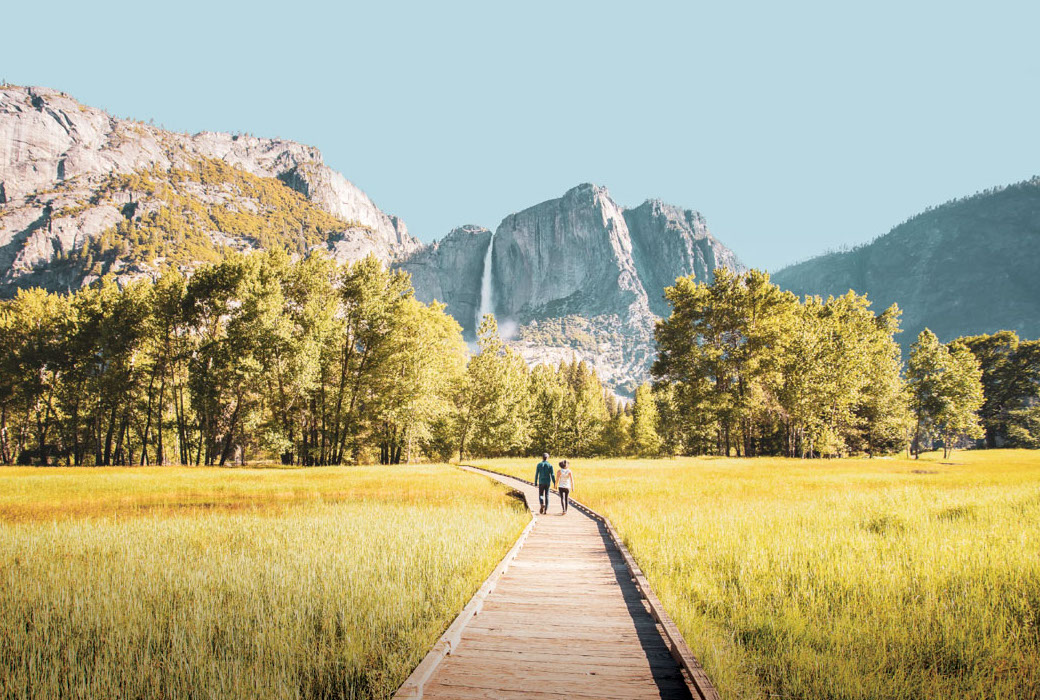 Sentinel Meadow boardwalk and view of Yosemite Falls