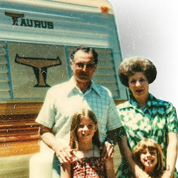 Jeannie & Sister with Grandparents with their Travel Trailer