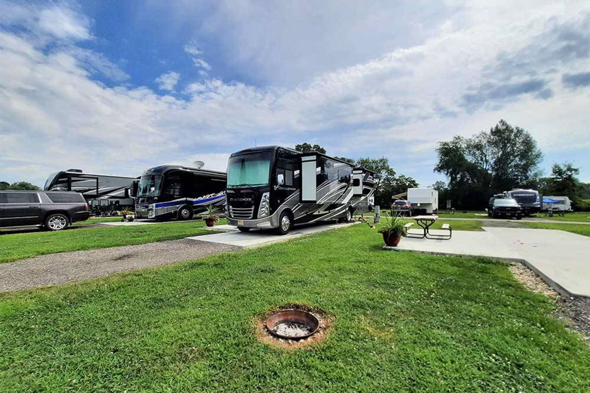 RVs parked amid green spaces.