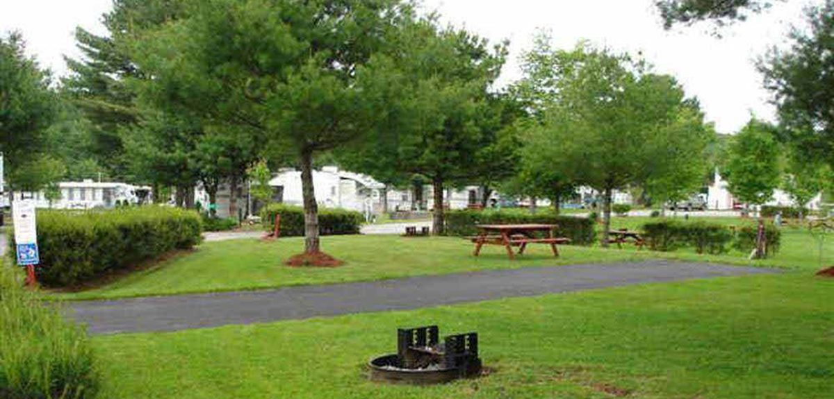 A lush green campground.