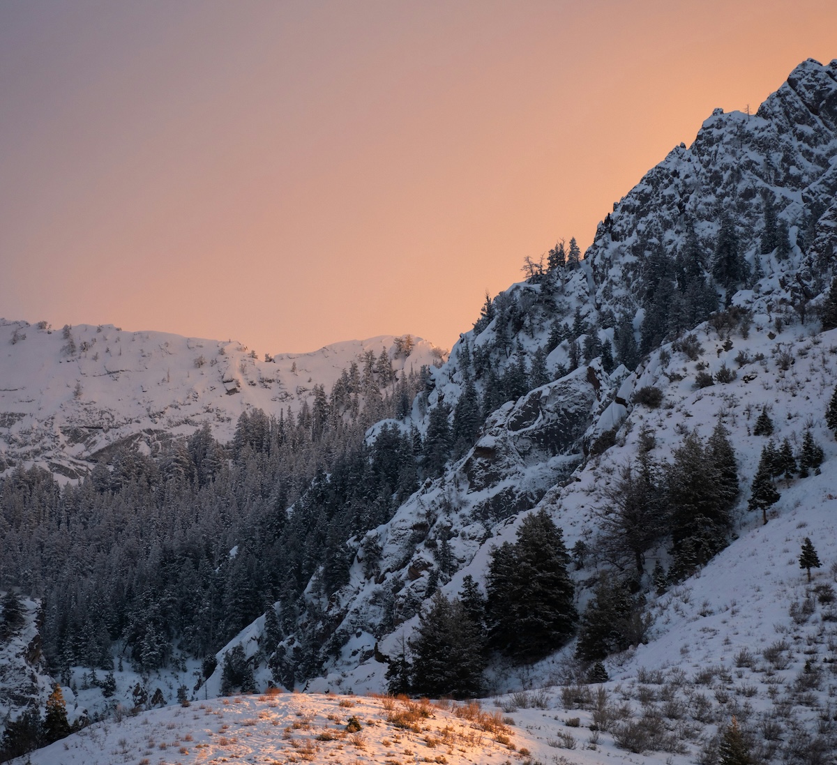 Snowy mountain sunset