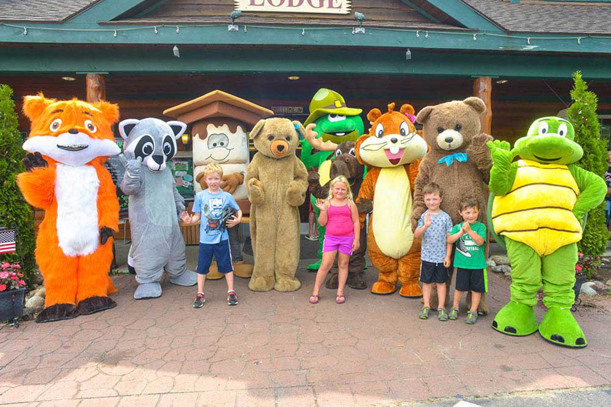 Costumed critters with kids.