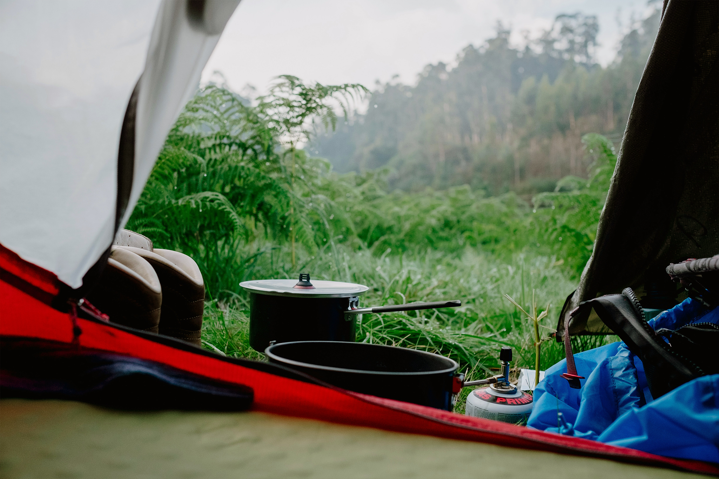 Camping cookware in campervan