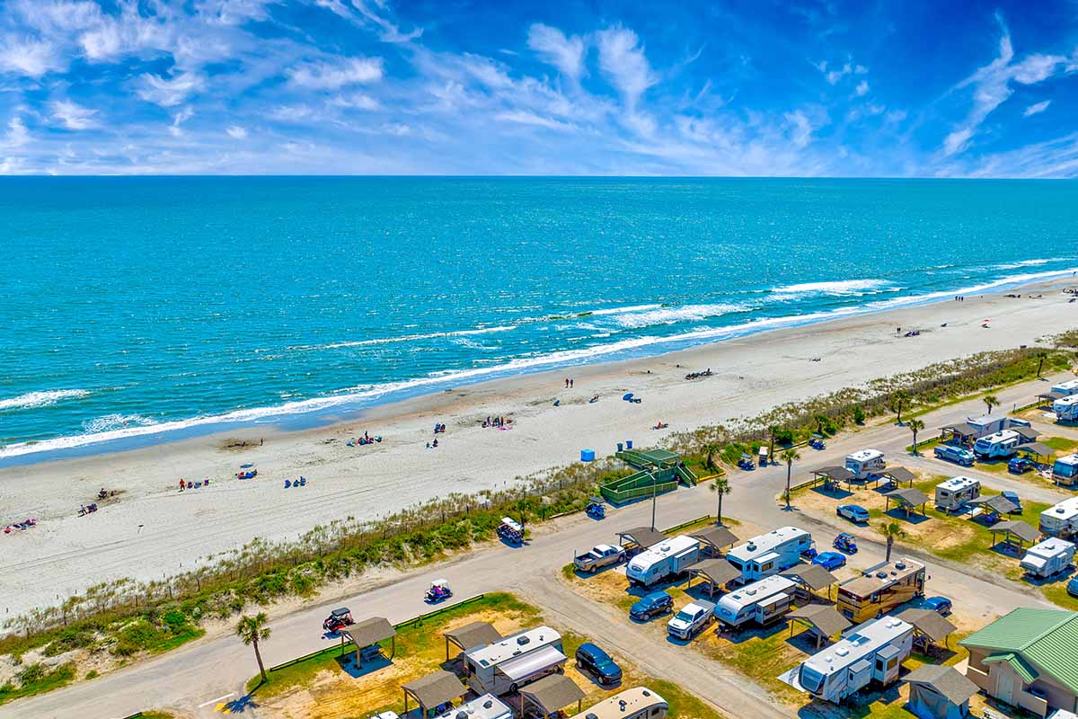 Aerial shot of seaside RV resort.