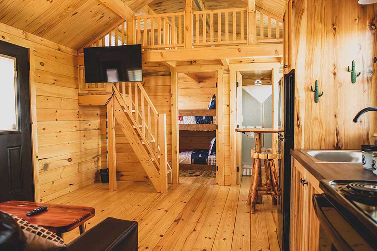 Interior of a wooden cabin.