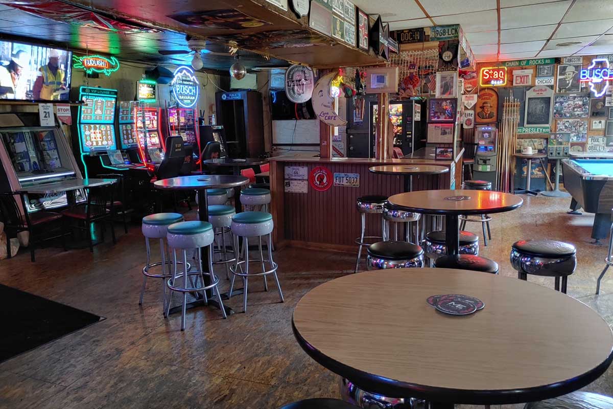 Cafe with wall decorations.