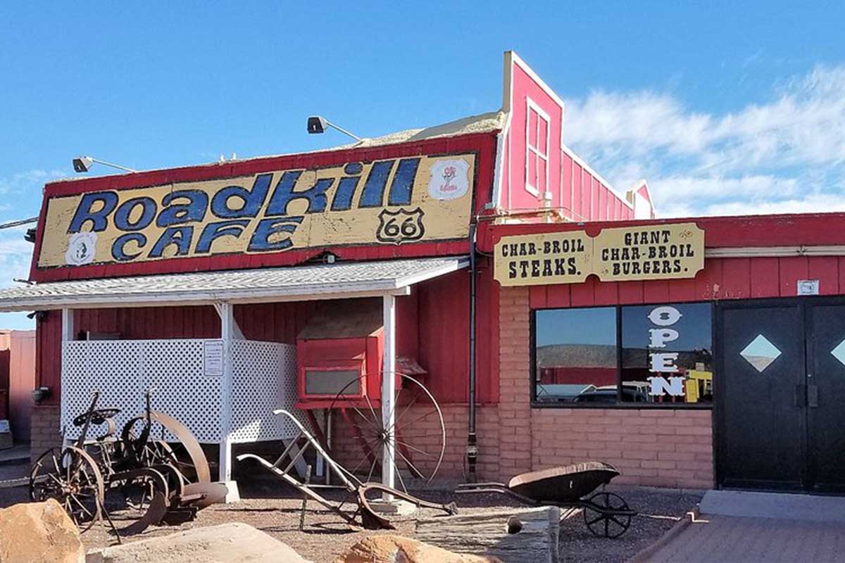 Red building with the title, "Roadkill Cafe."
