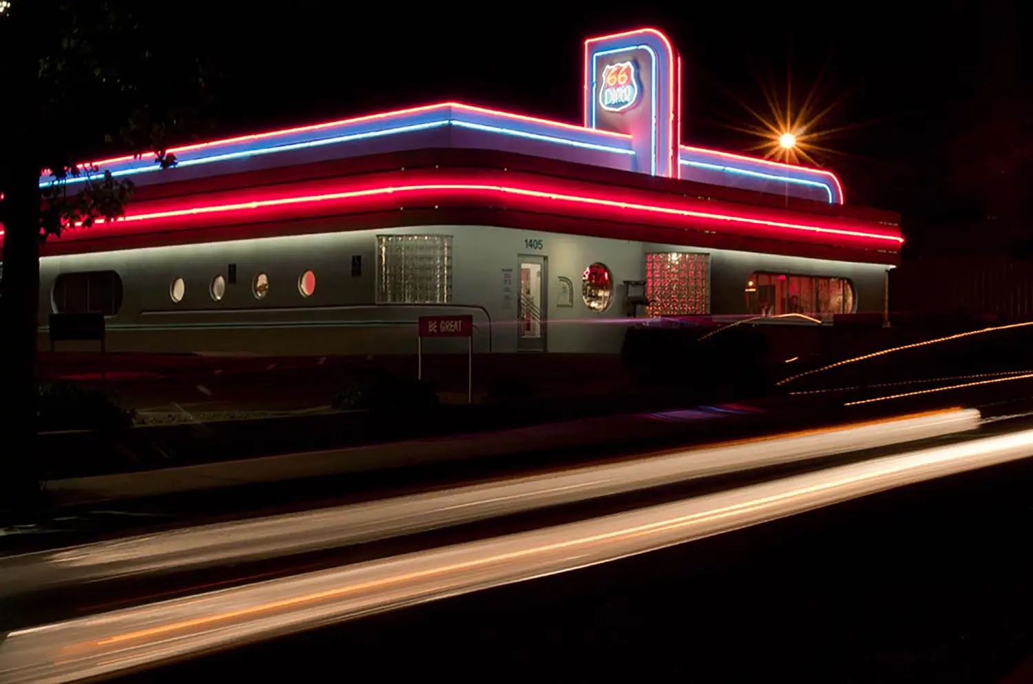 Building bedecked wtih neon lights. 