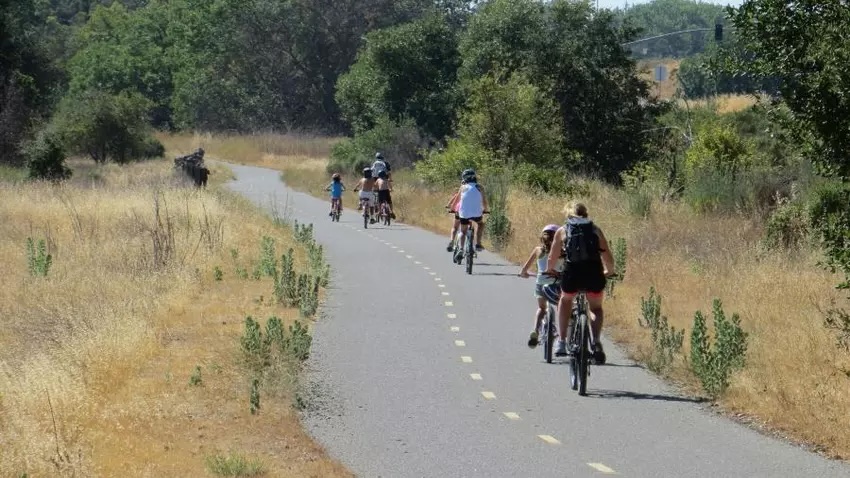 Cyclists following a paved trail. 
