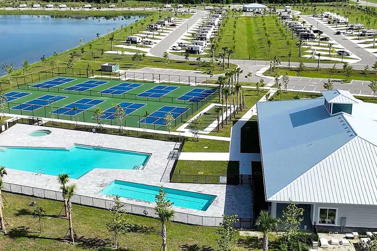 Aerial shot showing pickleball courts.