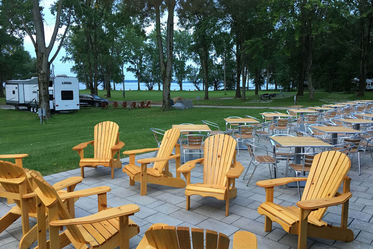 Adirondack chairs arranged in a circle.
