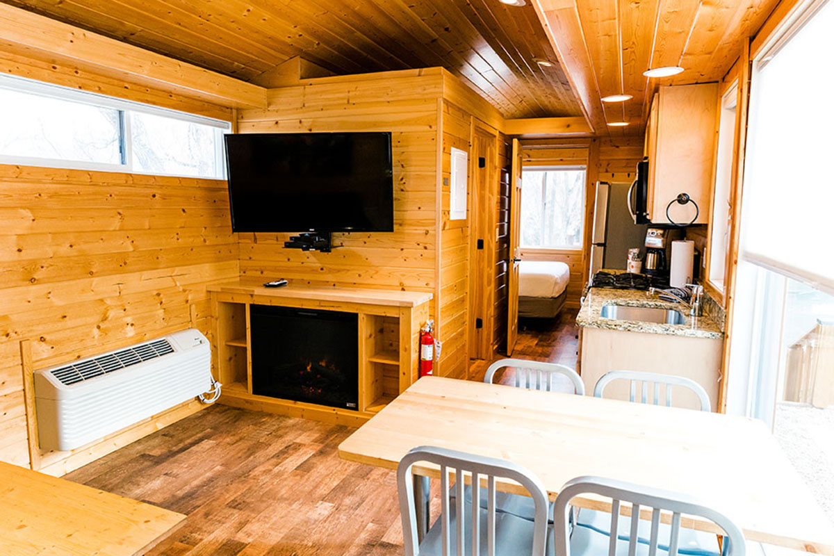 Interior of woodsy cabin.