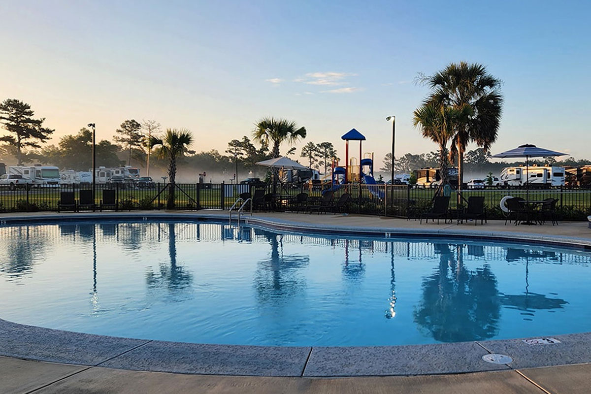 Swimming pool at dusk.