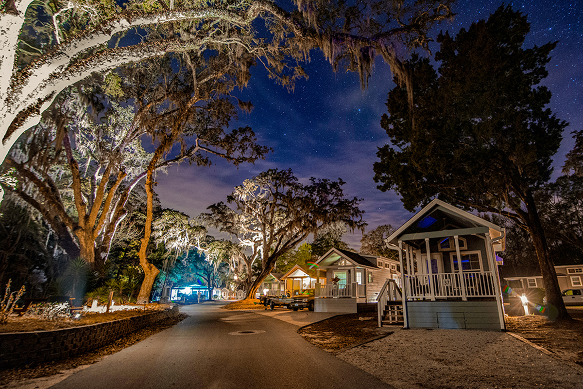 Beautiful cabins sit under a night sky.