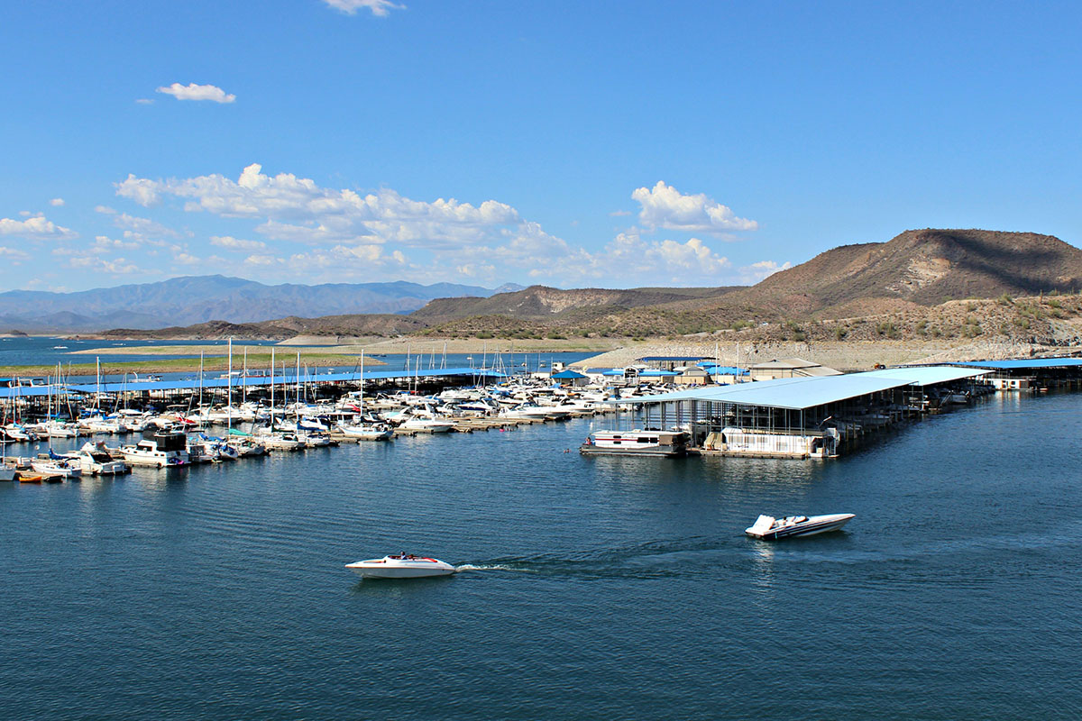 Boats around a sprawling dock complex.