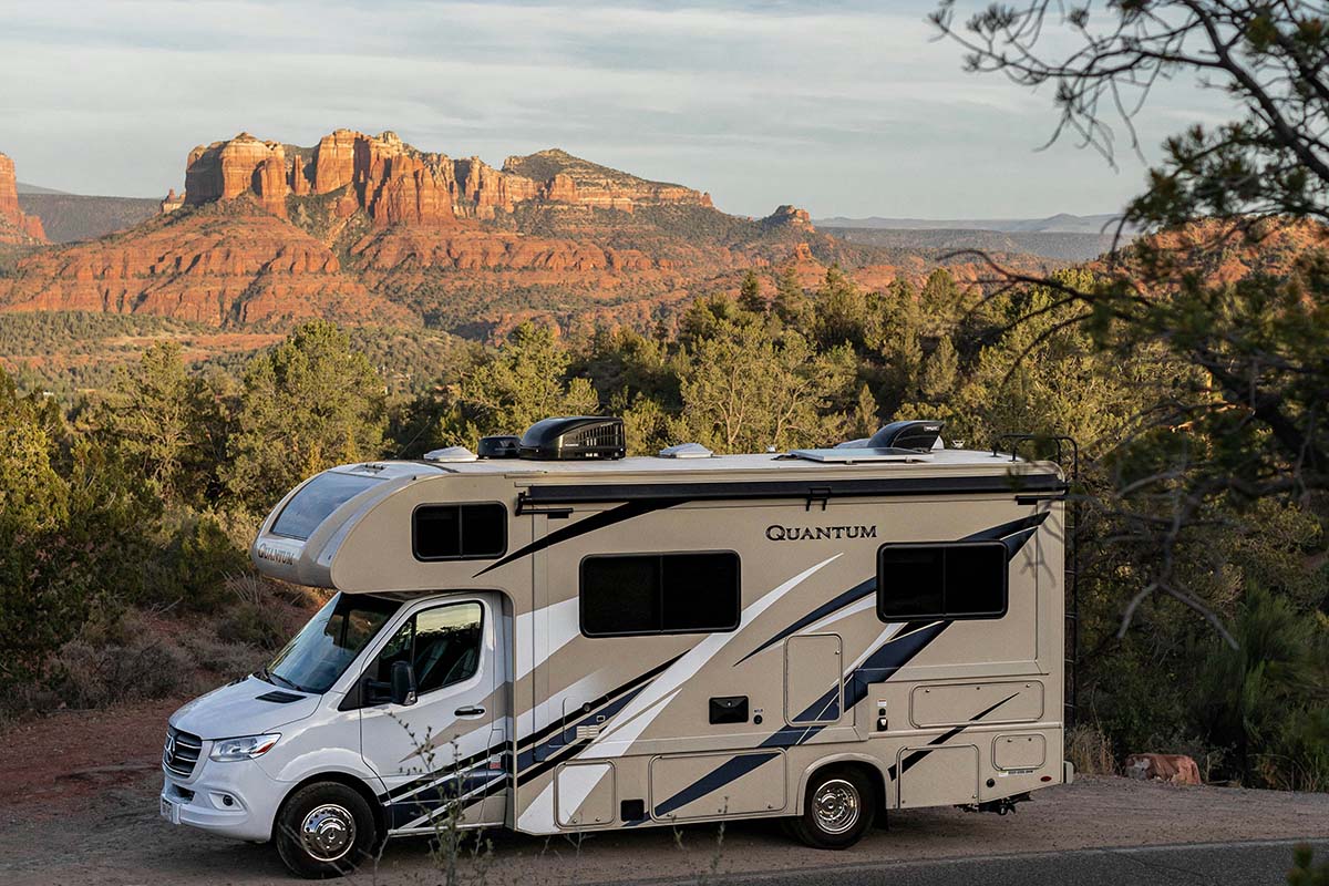 Class C RV in rugged mountainous area.