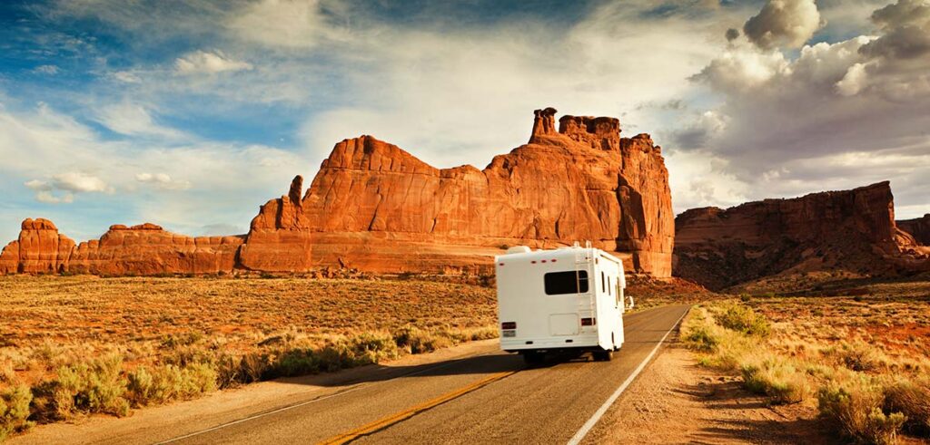 RV traveling through desert southwest.