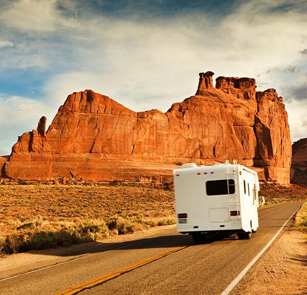 RV traveling through desert southwest.