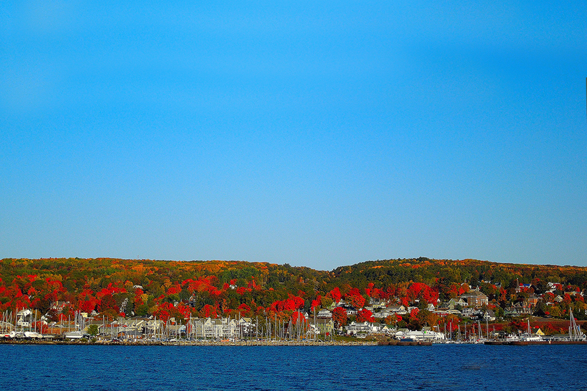 Coastline bedecked with autumn trees.